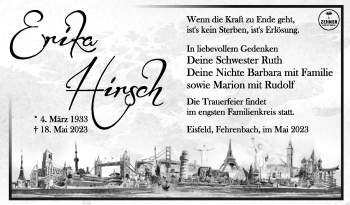 Traueranzeige von Erika Hirsch von Südthüringer Presse