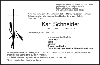 Traueranzeige von Karl Schneider von Frankenpost