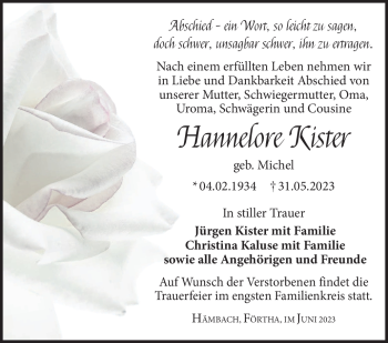Traueranzeige von Hannelore Kister von Südthüringer Presse