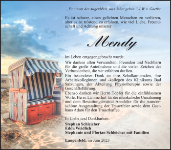 Traueranzeige von Mendy Schleicher von Südthüringer Presse