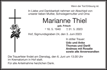 Traueranzeige von Marianne Thiel von Frankenpost