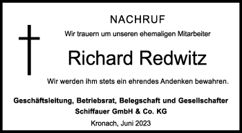 Traueranzeige von Richard Redwitz von Neue Presse Coburg