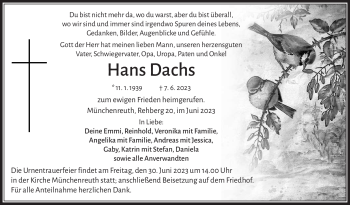 Traueranzeige von Hans Dachs von Frankenpost