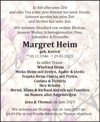 Traueranzeige von Margret Heim von Südthüringer Presse