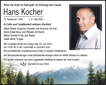Traueranzeige von Hans Kocher von Südthüringer Presse