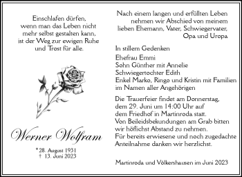 Traueranzeige von Werner Wolfram von Südthüringer Presse