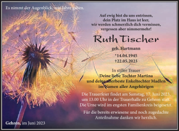 Traueranzeige von Ruth Tischer von Südthüringer Presse