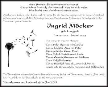 Traueranzeige von Ingrid Möcker von Südthüringer Presse