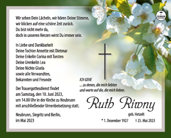 Traueranzeige von Ruth Riwny von Südthüringer Presse