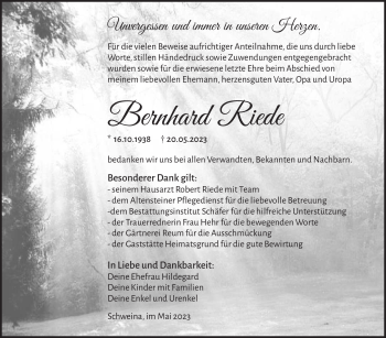 Traueranzeige von Bernhard Riede von Südthüringer Presse