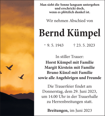 Traueranzeige von Bernd Kümpel von Südthüringer Presse
