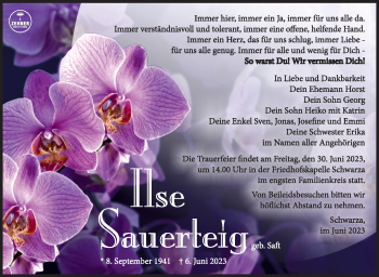 Traueranzeige von Ilse Sauerteig von Südthüringer Presse