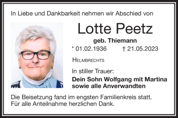 Traueranzeige von Lotte Peetz von Frankenpost