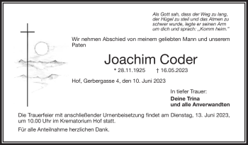 Traueranzeige von Joachim Coder von Frankenpost