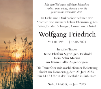 Traueranzeige von Wolfgang Friedrich von Südthüringer Presse