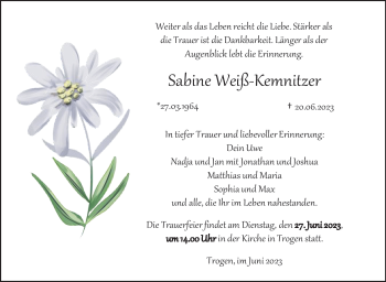 Traueranzeige von Sabine Weiß-Kemnitzer von Frankenpost