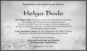 Traueranzeige von Helga Bode von Südthüringer Presse