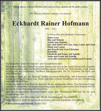 Traueranzeige von Eckhardt Rainer Hofmann von Südthüringer Presse