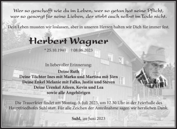 Traueranzeige von Herbert Wagner von Südthüringer Presse