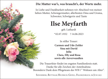 Traueranzeige von Ilse Mayfarth von Südthüringer Presse
