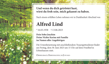 Traueranzeige von Alfred Lind von Südthüringer Presse