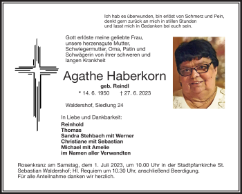 Traueranzeige von Agathe Haberkorn von Frankenpost