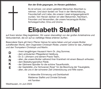 Traueranzeige von Elisabeth Staffel von Südthüringer Presse