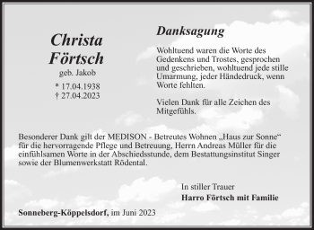Traueranzeige von Christa Förtsch von Südthüringer Presse