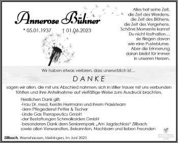 Traueranzeige von Annerose Bühner von Südthüringer Presse