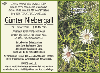 Traueranzeige von Günter Niebergall von Südthüringer Presse