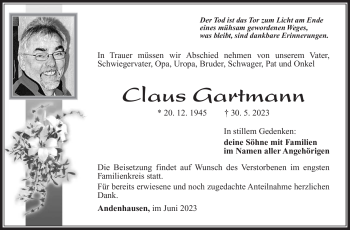 Traueranzeige von Claus Gartmann von Südthüringer Presse