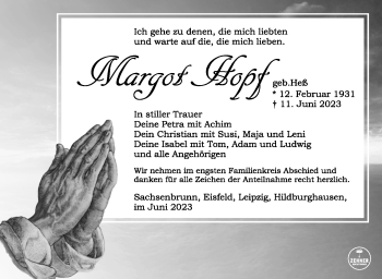 Traueranzeige von Margot Hopf von Südthüringer Presse
