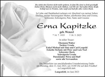 Traueranzeige von Erna Kapitzke von Südthüringer Presse