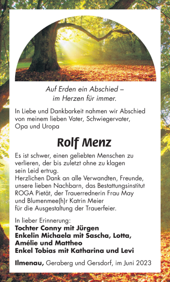 Traueranzeige von Rolf Menz von Südthüringer Presse
