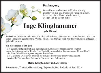 Traueranzeige von Inge Klinghammer von Südthüringer Presse
