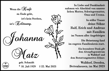 Traueranzeige von Johanna Matz von Südthüringer Presse