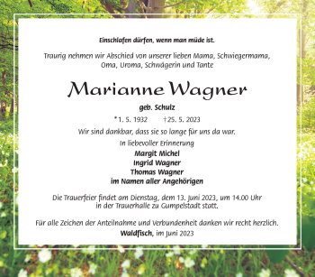 Traueranzeige von Marianne Wagner von Südthüringer Presse