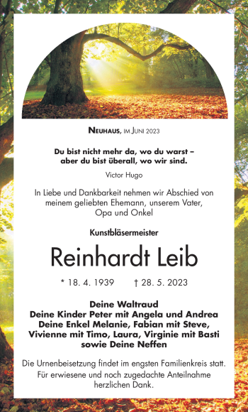 Traueranzeige von Reinhardt Leib von Südthüringer Presse
