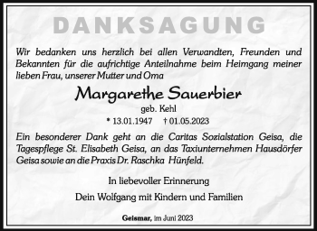 Traueranzeige von Margarethe Sauerbier von Südthüringer Presse