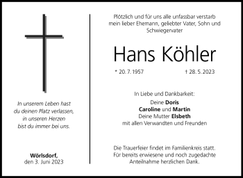 Traueranzeige von Hans Köhler von Neue Presse Coburg