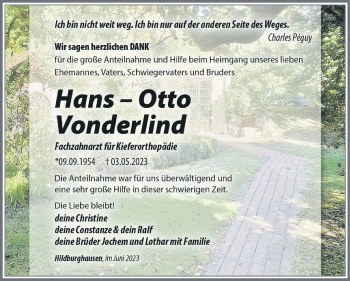 Traueranzeige von Hans-Otto Vonderlind von Südthüringer Presse