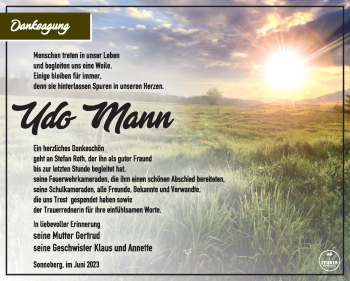 Traueranzeige von Udo Mann von Südthüringer Presse