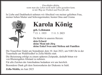 Traueranzeige von Karola König von Südthüringer Presse