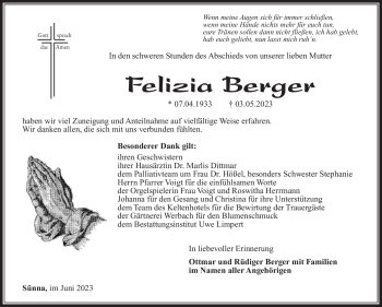 Traueranzeige von Felizia Berger von Südthüringer Presse