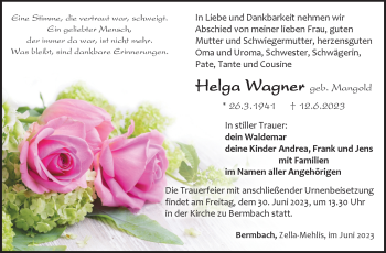 Traueranzeige von Helga Wagner von Südthüringer Presse