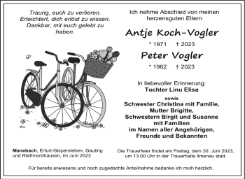 Traueranzeige von PeterAntje Koch-VoglerVogler von Südthüringer Presse