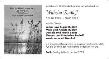 Traueranzeige von Wilhelm Rudloff von Südthüringer Presse