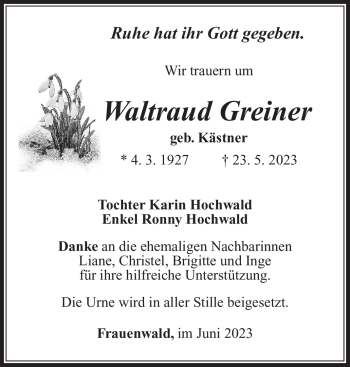 Traueranzeige von Waltraud Greiner von Südthüringer Presse