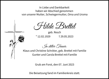 Traueranzeige von Hilde Brettel von Neue Presse Coburg