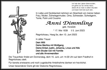 Traueranzeige von Anni Dimmling von Frankenpost